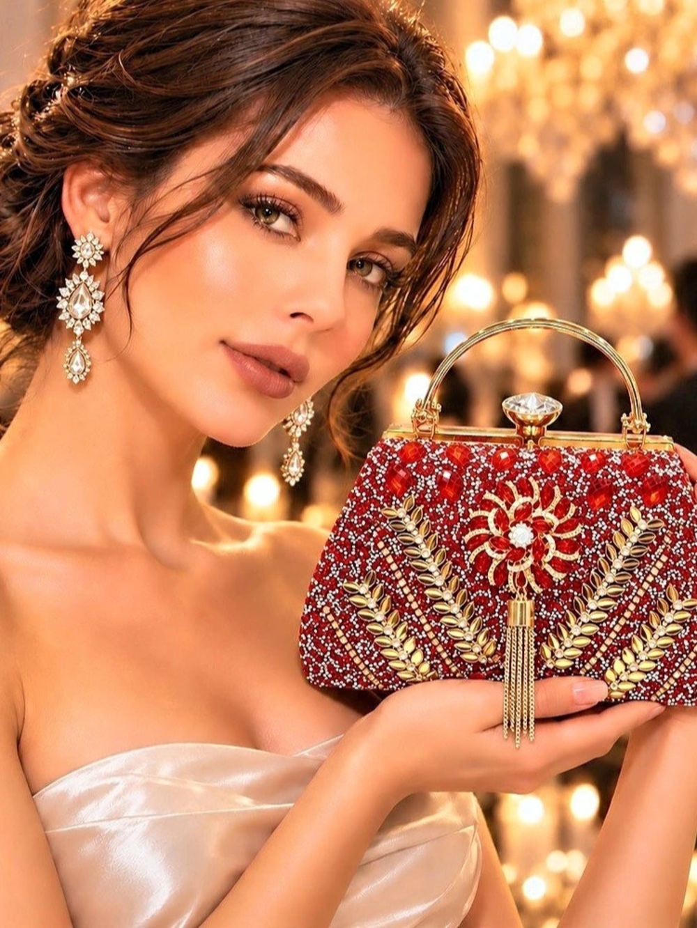 Red Rhinestone Crystal Evening Clutch Bag with Top Handle & Chain – Wedding Prom